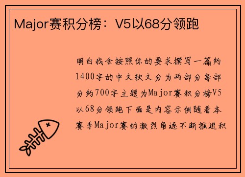 Major赛积分榜：V5以68分领跑