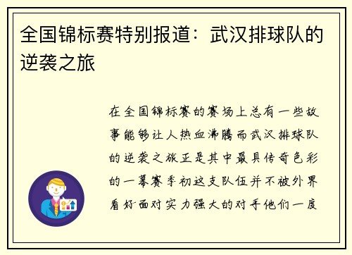 全国锦标赛特别报道：武汉排球队的逆袭之旅