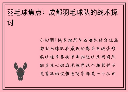 羽毛球焦点：成都羽毛球队的战术探讨