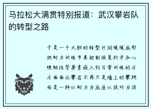 马拉松大满贯特别报道：武汉攀岩队的转型之路